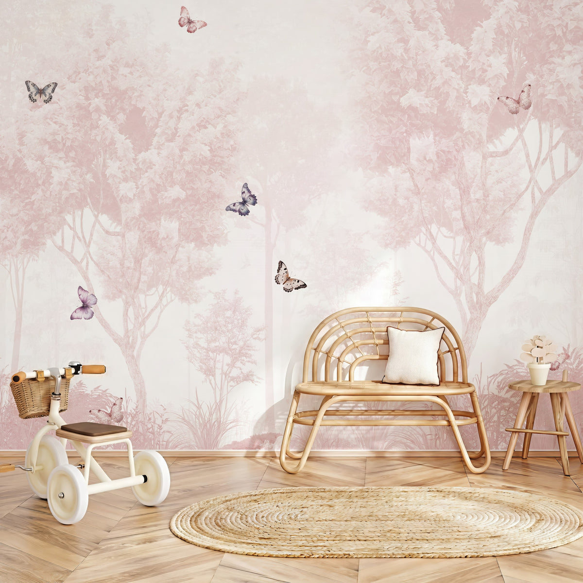 Pink Forest & Butterflies wallpaper in a styled room, view 3