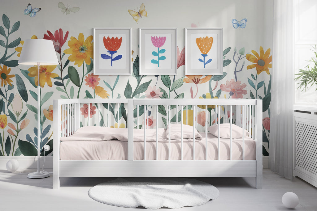 Colorful Oversized Garden Flowers wallpaper in a styled room, view 2