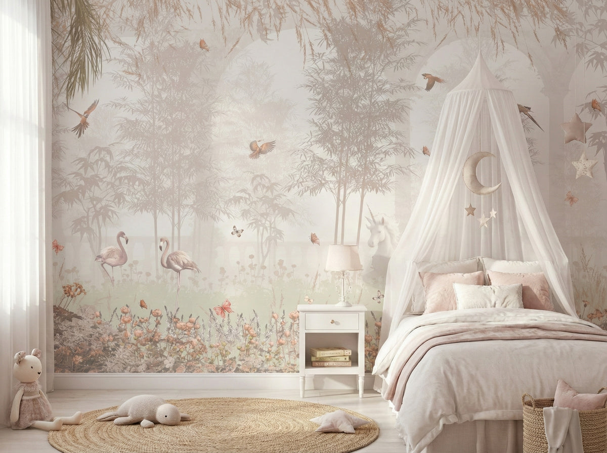 Pastel Flamingo Forest wallpaper in a styled room, view 1
