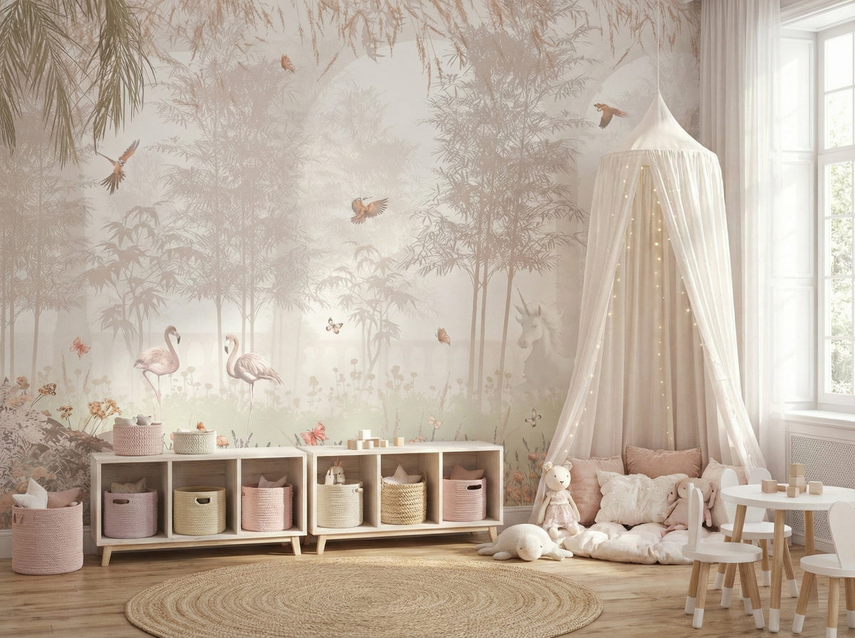 Pastel Flamingo Forest wallpaper in a styled room, view 2