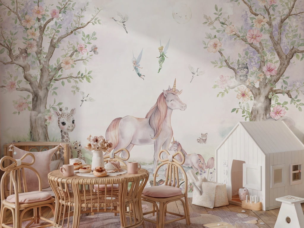 Unicorn & Woodland Flower Garden wallpaper in a styled room, view 1