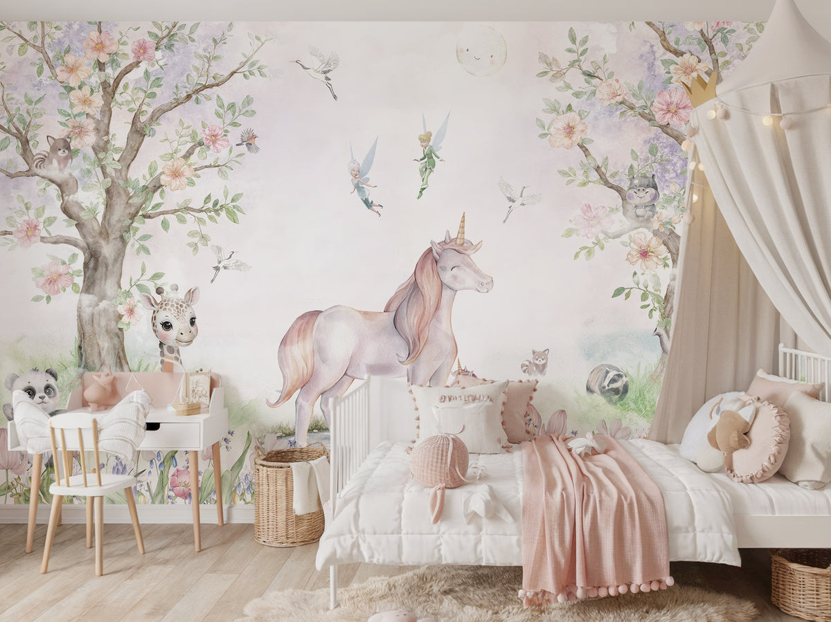 Unicorn & Woodland Flower Garden wallpaper in a styled room, view 2