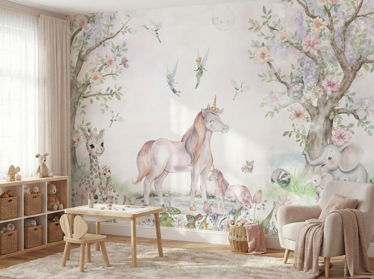 Unicorn & Woodland Flower Garden wallpaper in a styled room, view 3
