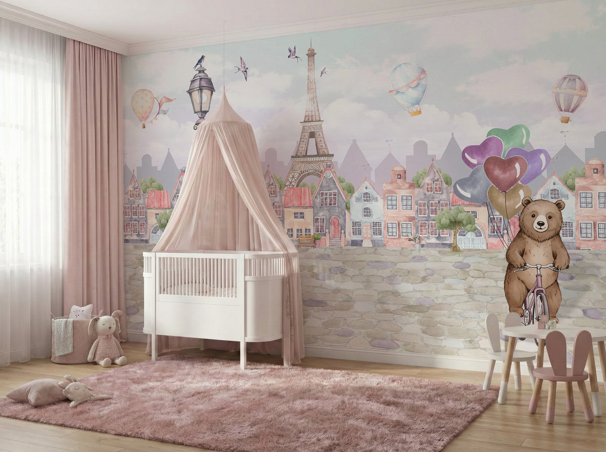Paris & Teddy Bear Balloons wallpaper in a styled room, view 1