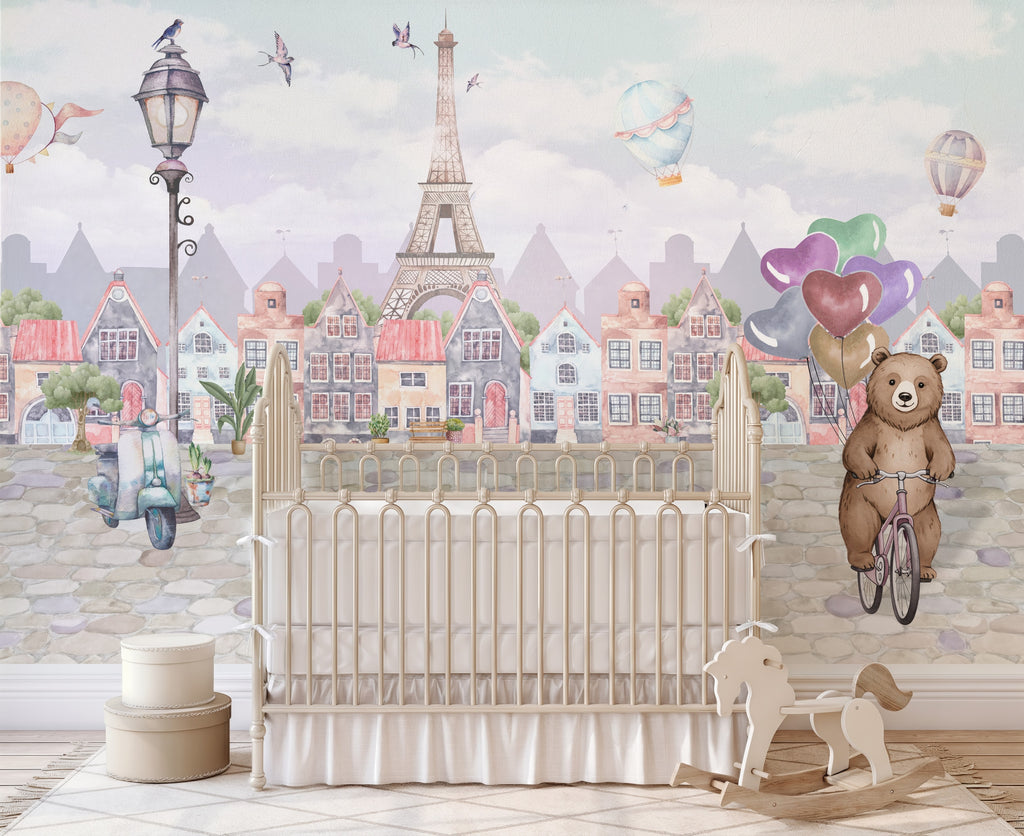 Paris & Teddy Bear Balloons wallpaper in a styled room, view 2