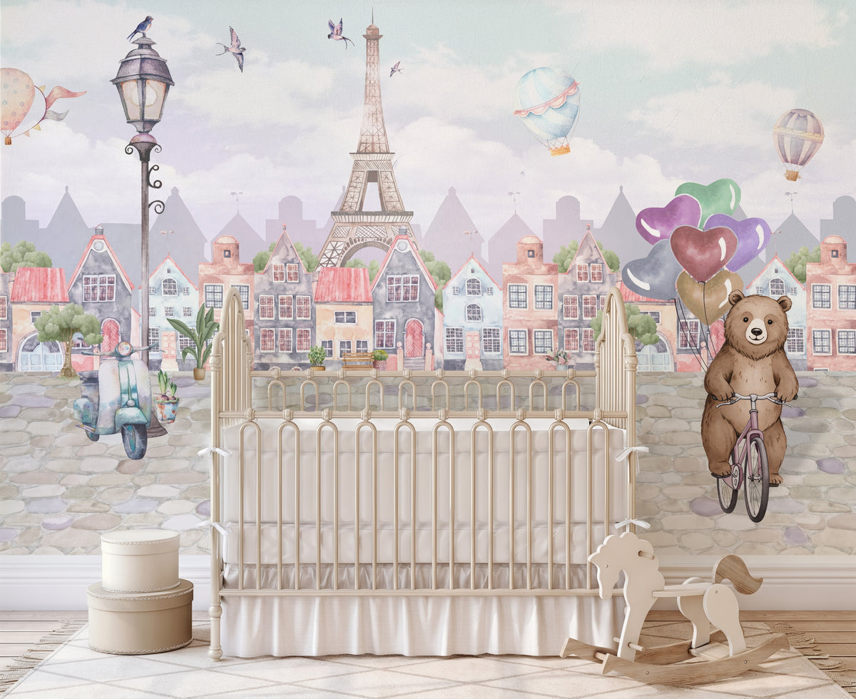 Paris & Teddy Bear Balloons wallpaper in a styled room, view 2
