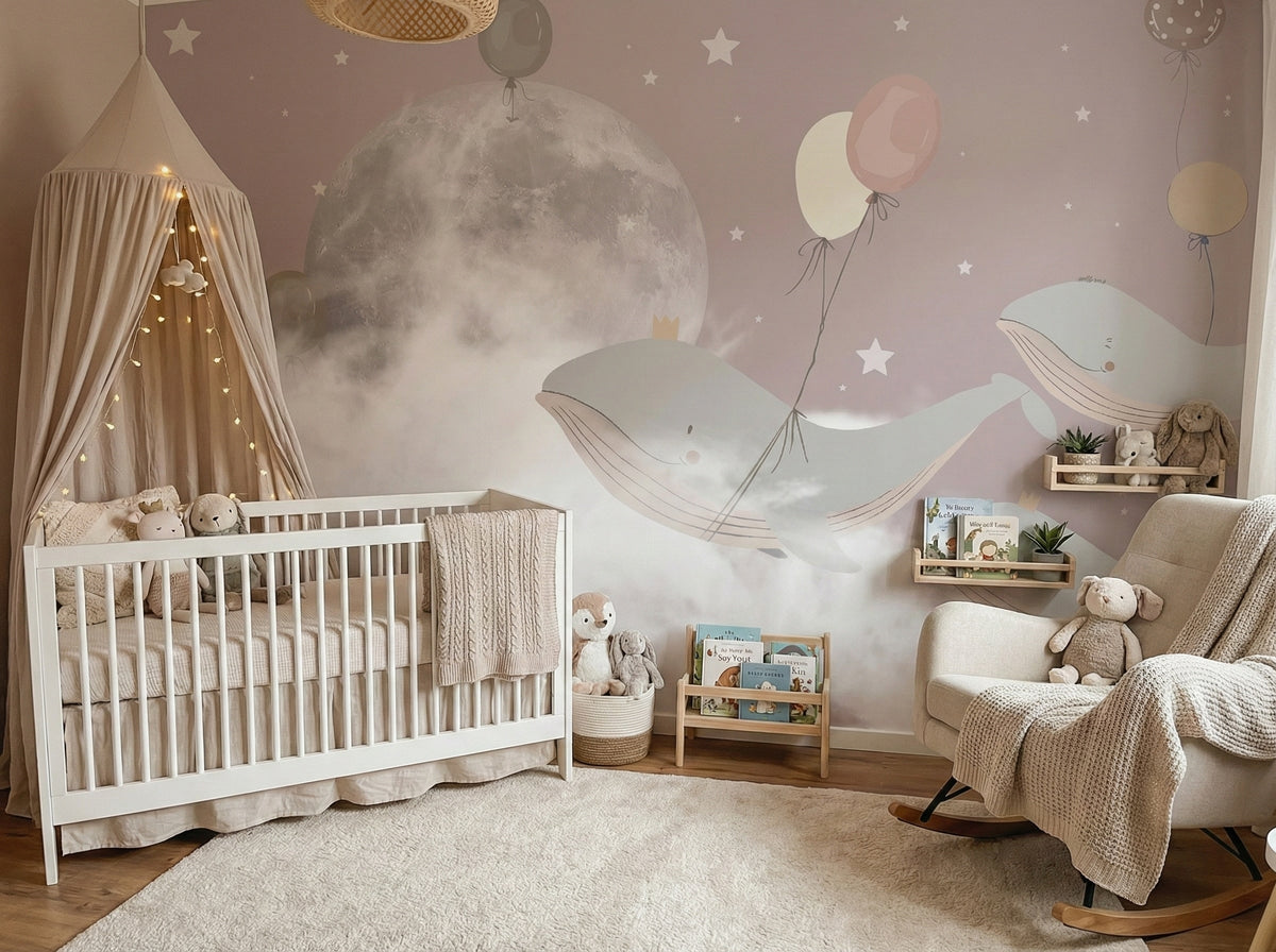 Moon, Clouds & Flying Whales Wall Mural in a styled room