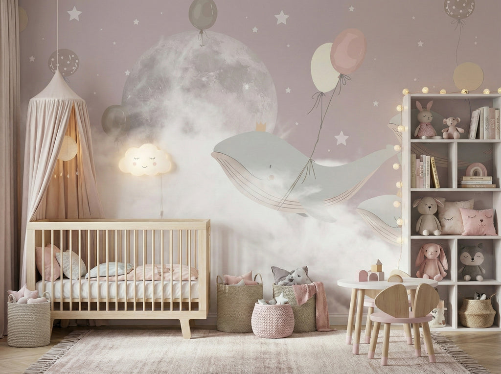 Moon, Clouds & Flying Whales wallpaper in a styled room, view 2