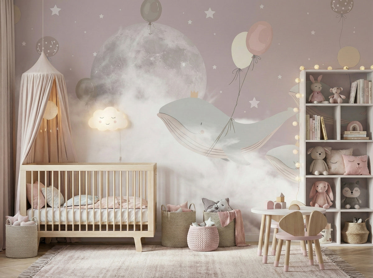 Moon, Clouds & Flying Whales wallpaper in a styled room, view 2