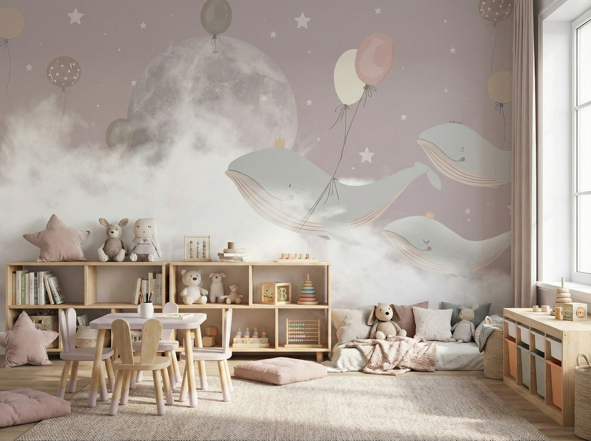 Moon, Clouds & Flying Whales wallpaper in a styled room, view 3