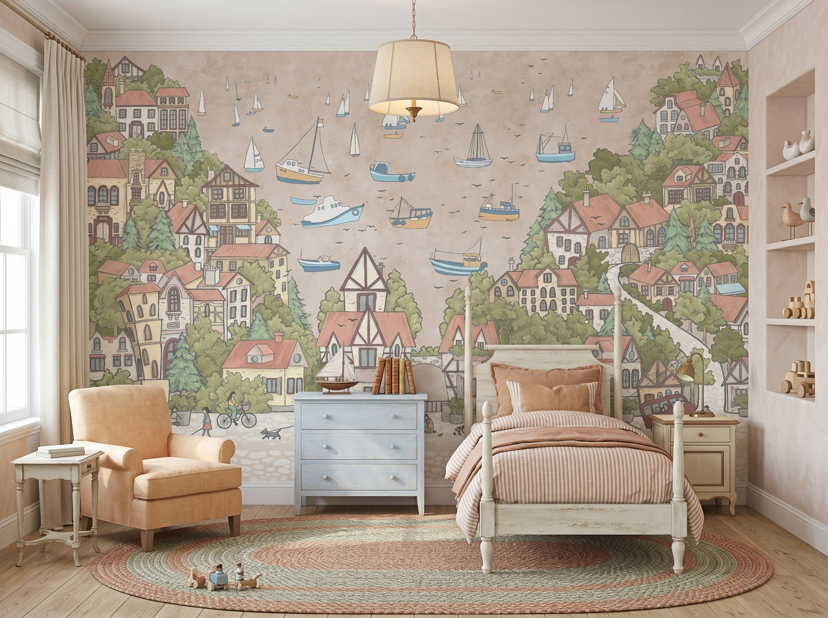 Sailboats & Seaside Town wallpaper in a styled room, view 2