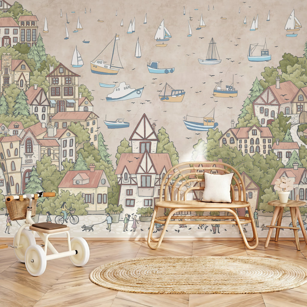 Sailboats & Seaside Town wallpaper in a styled room, view 3
