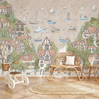 Sailboats & Seaside Town wallpaper in a styled room, view 3