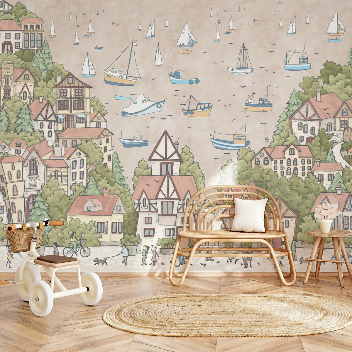 Sailboats & Seaside Town wallpaper in a styled room, view 3