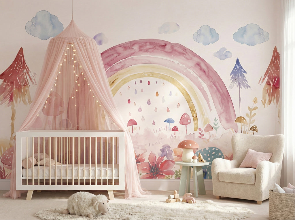 Pink Rainbow & Mushroom Garden wallpaper in a styled room, view 1