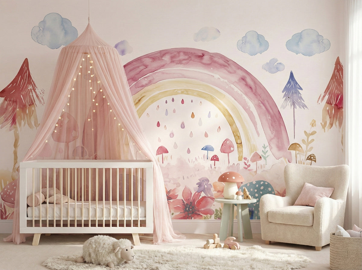 Pink Rainbow & Mushroom Garden wallpaper in a styled room, view 1