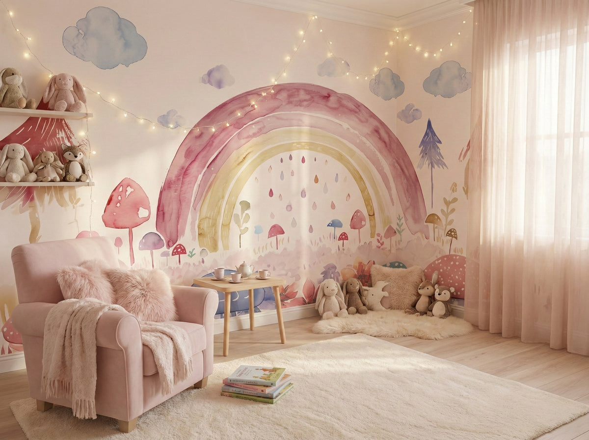 Pink Rainbow & Mushroom Garden wallpaper in a styled room, view 2