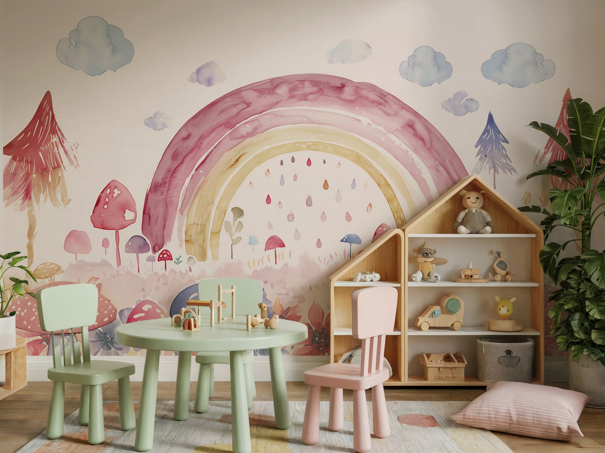 Pink Rainbow & Mushroom Garden wallpaper in a styled room, view 3