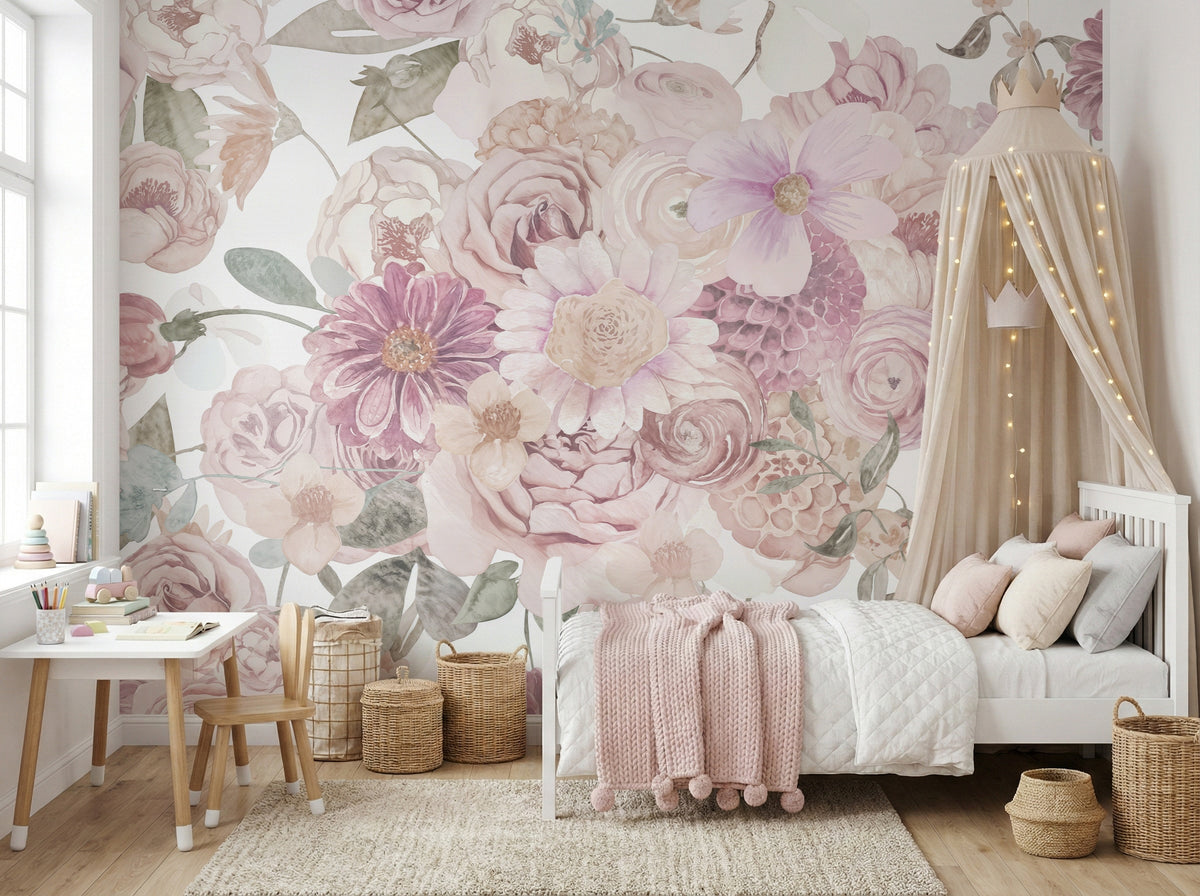 Pink & Lilac Oversized Flowers wallpaper in a styled room, view 2