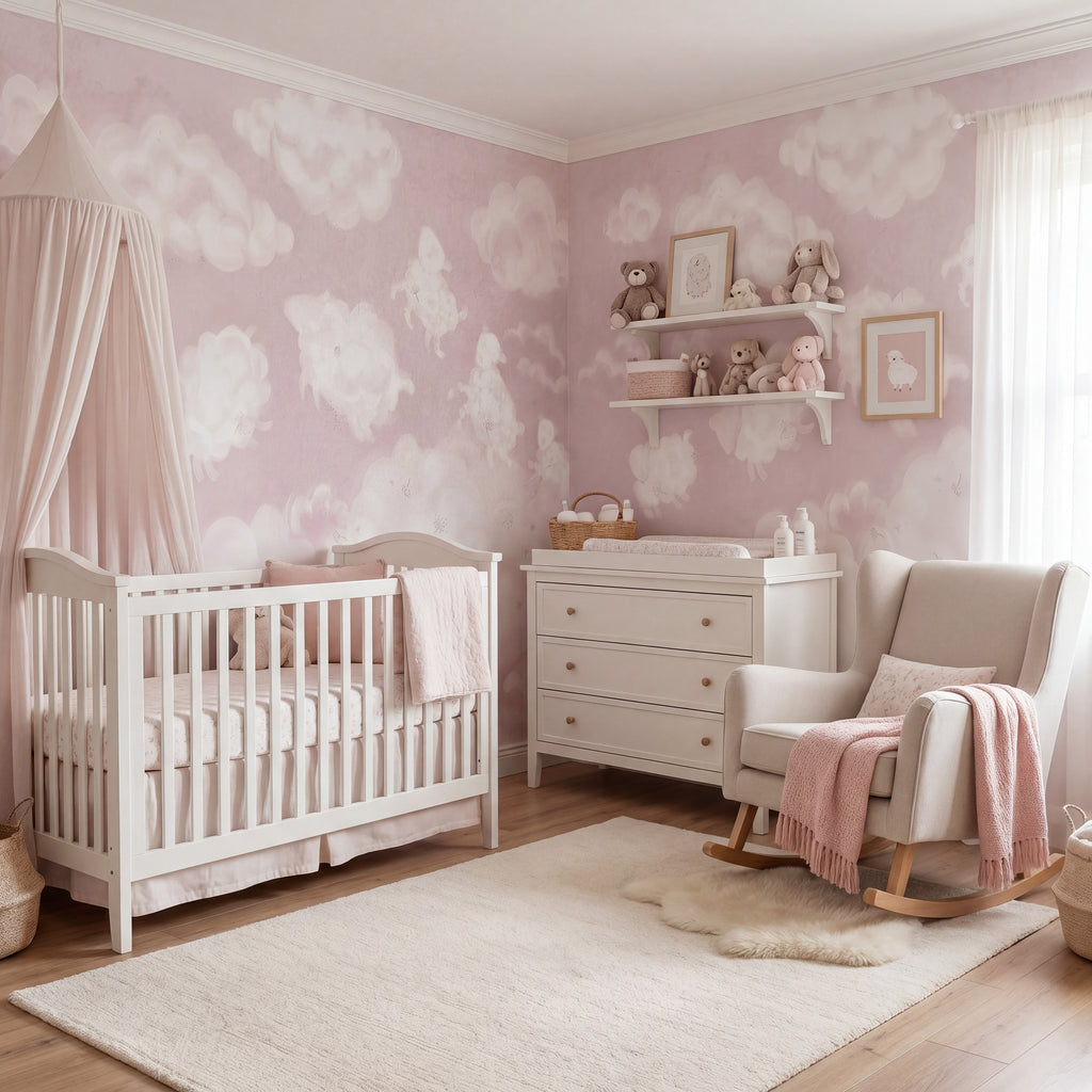 Pink Sky & White Clouds wallpaper in a styled room, view 1