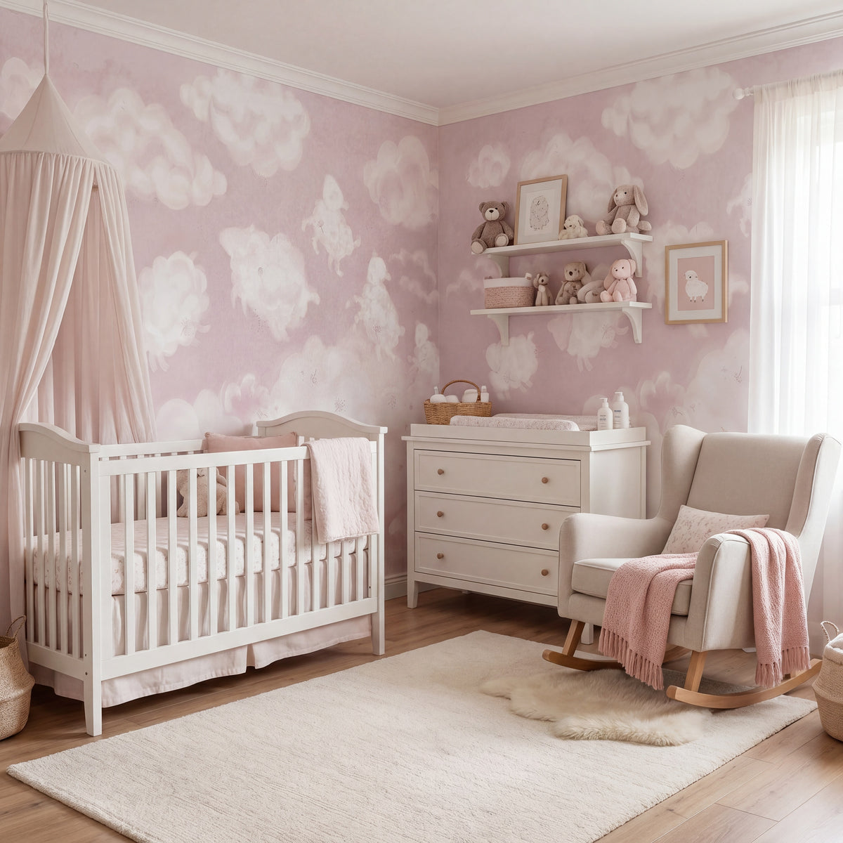 Pink Sky & White Clouds wallpaper in a styled room, view 1