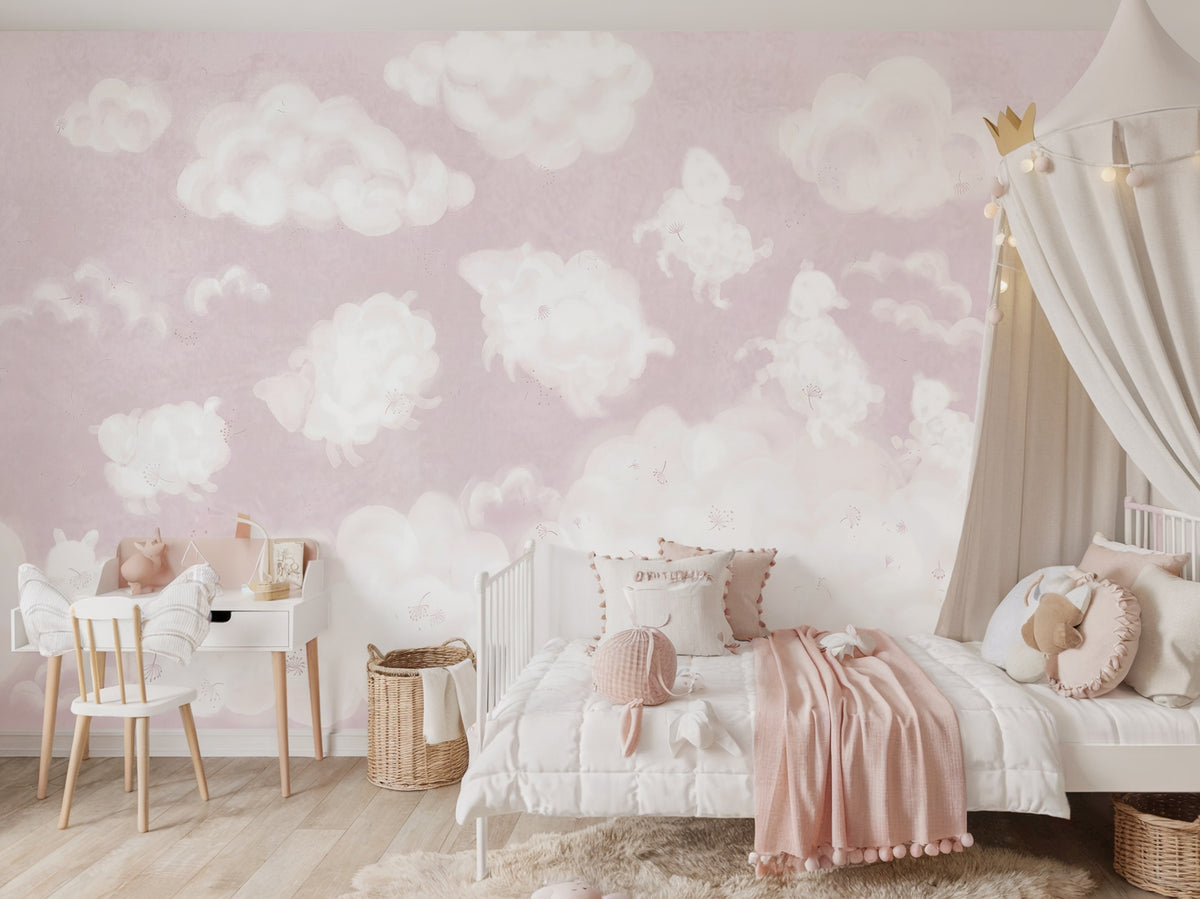 Pink Sky & White Clouds wallpaper in a styled room, view 2