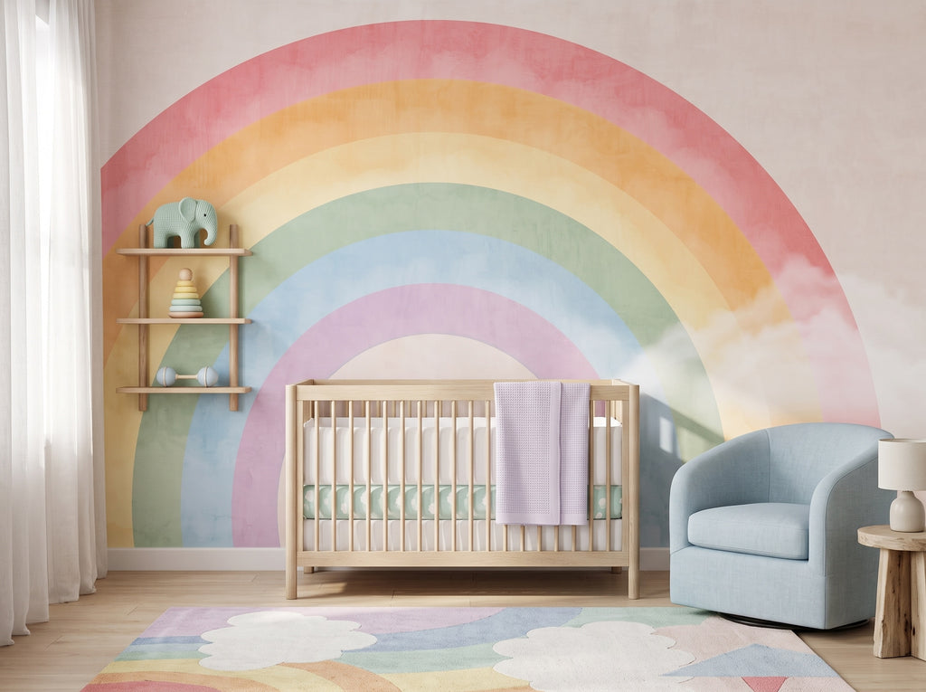 Oversized Watercolor Rainbow wallpaper in a styled room, view 1