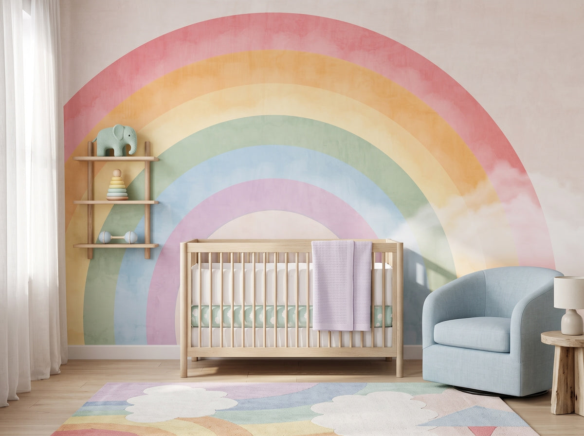 Oversized Watercolor Rainbow wallpaper in a styled room, view 1