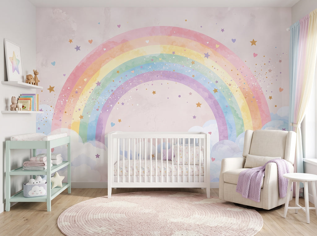 Rainbow, Clouds & Little Stars wallpaper in a styled room, view 1
