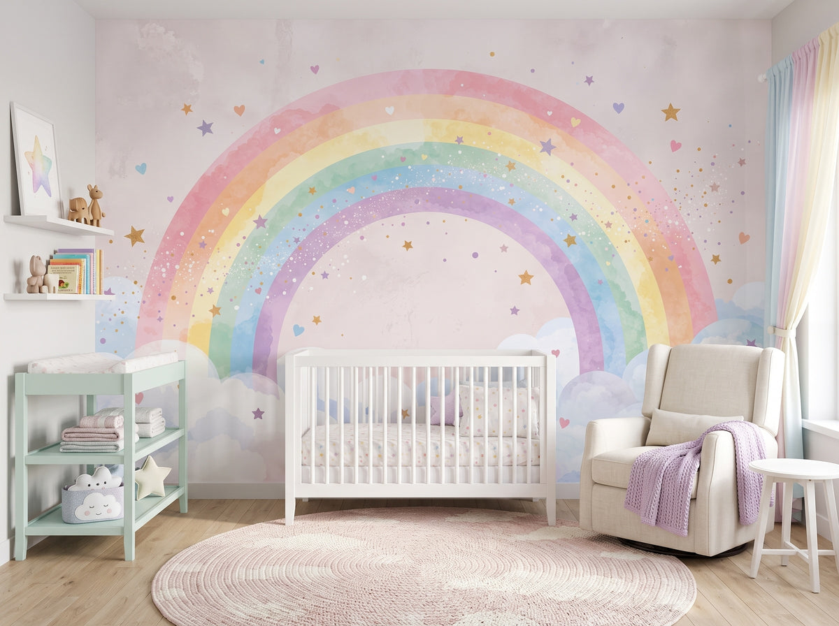 Rainbow, Clouds & Little Stars Wall Mural in a styled room
