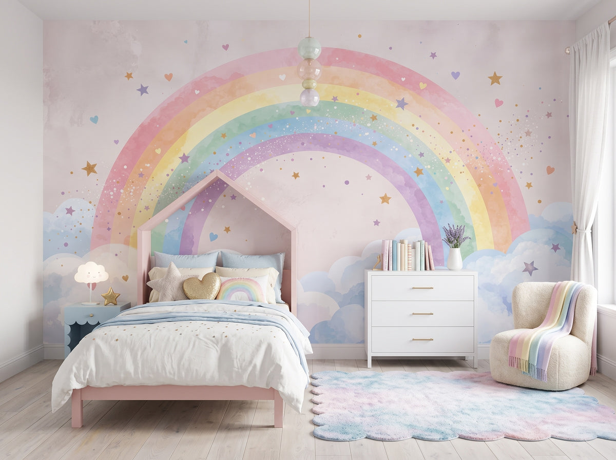 Rainbow, Clouds & Little Stars wallpaper in a styled room, view 2