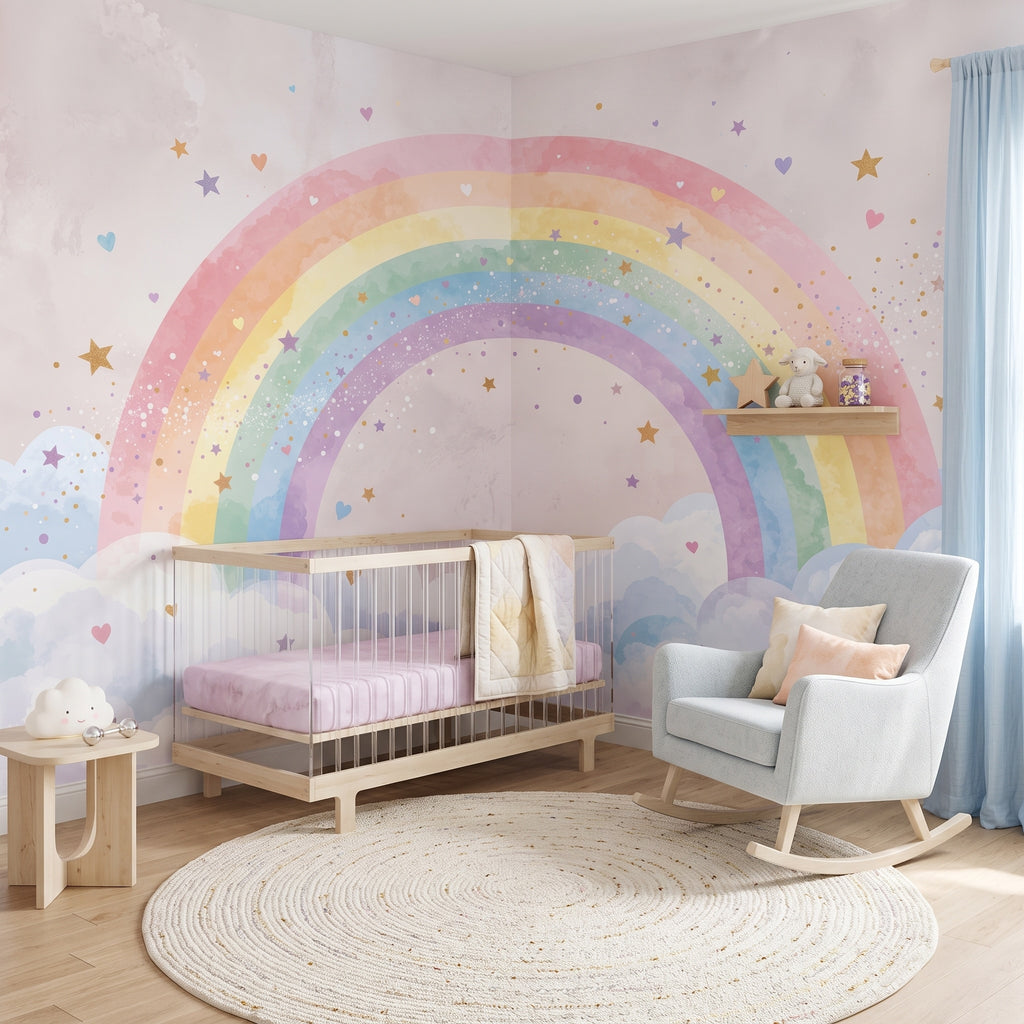 Rainbow, Clouds & Little Stars wallpaper in a styled room, view 3