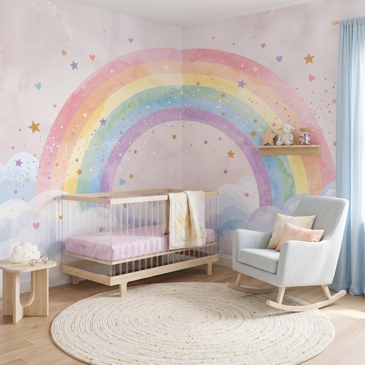 Rainbow, Clouds & Little Stars wallpaper in a styled room, view 3
