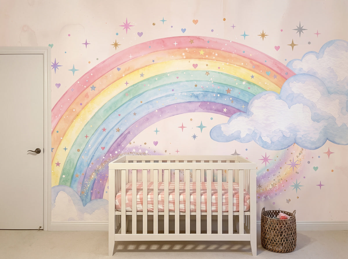 Arched Rainbow & Starry Clouds Wall Mural in a styled room