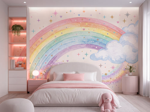 Arched Rainbow & Starry Clouds wallpaper in a styled room, view 2