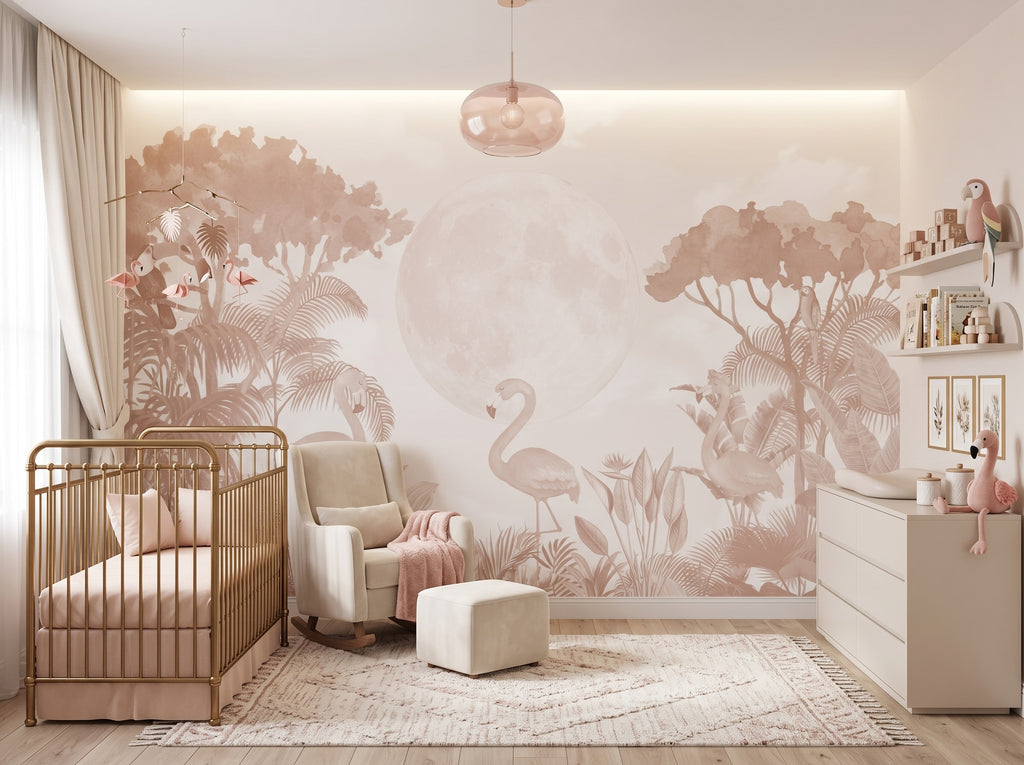 Blush Flamingos & Moonlit Tropics wallpaper in a styled room, view 1