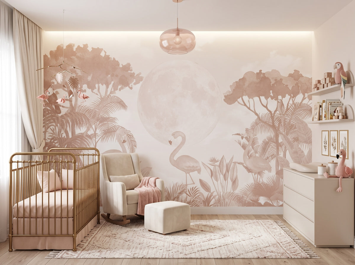 Blush Flamingos & Moonlit Tropics wallpaper in a styled room, view 1