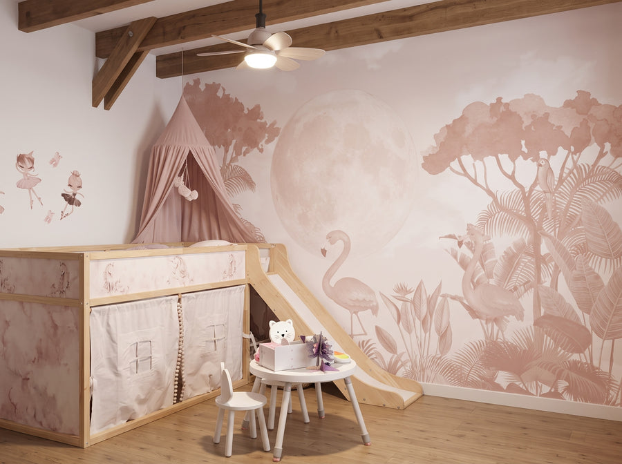 Blush Flamingos & Moonlit Tropics wallpaper in a styled room, view 2