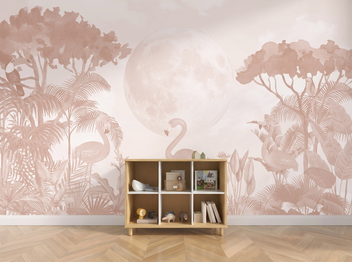 Blush Flamingos & Moonlit Tropics wallpaper in a styled room, view 3