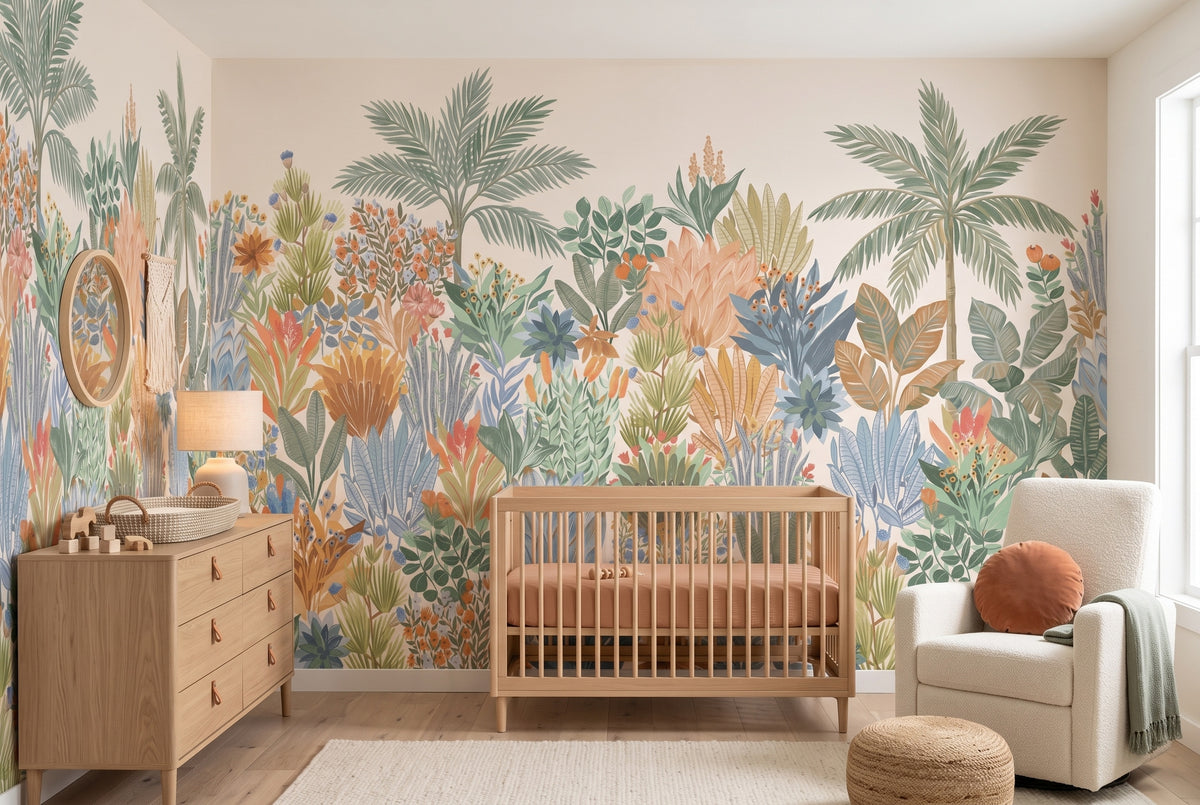 Colorful Tropical Flowers & Palms wallpaper in a styled room, view 1