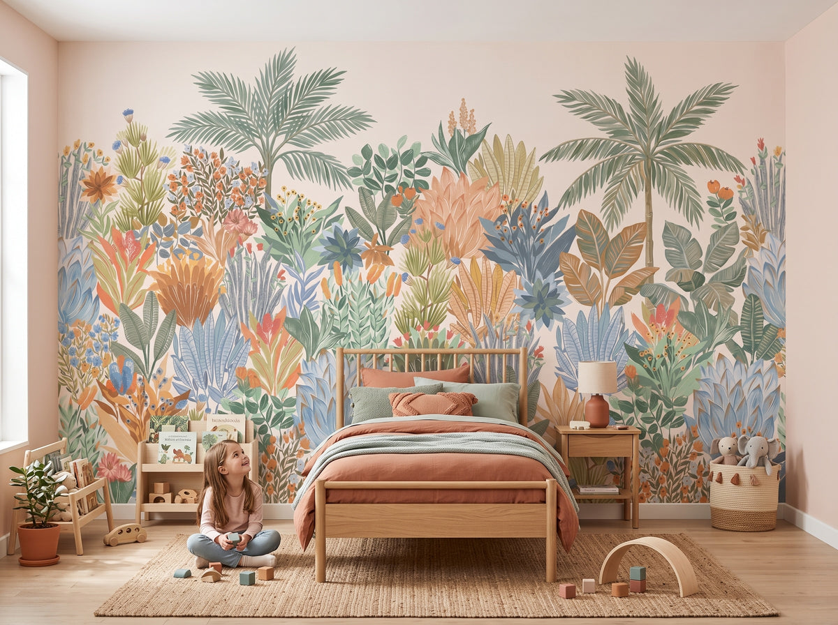 Colorful Tropical Flowers & Palms wallpaper in a styled room, view 2