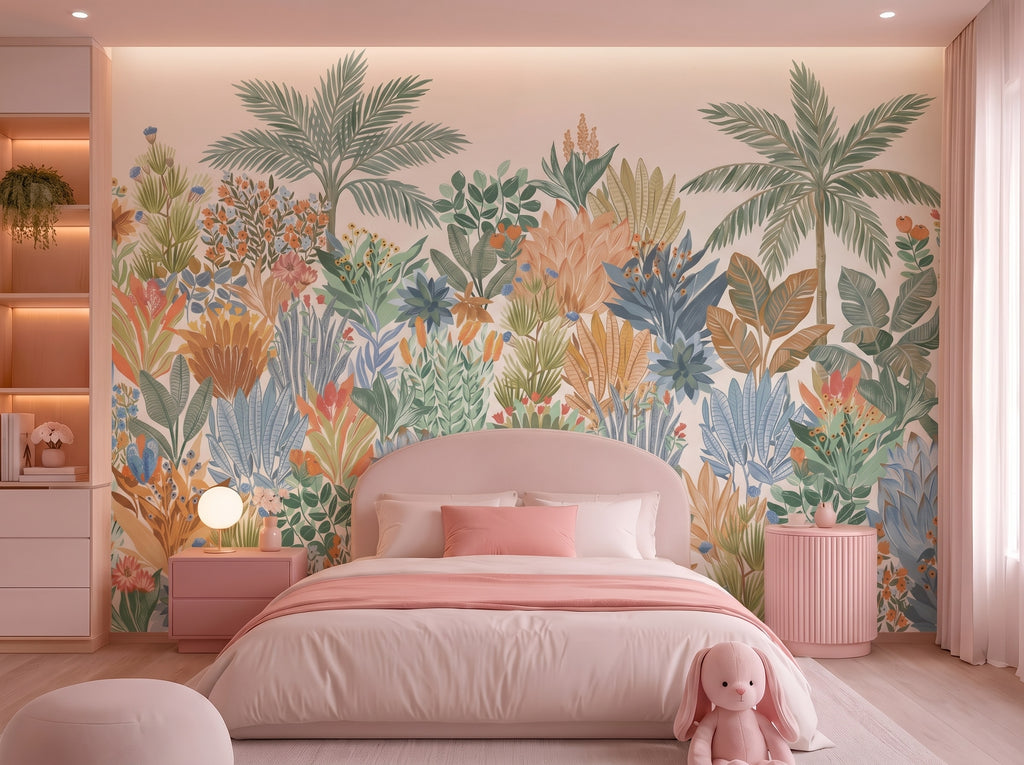 Colorful Tropical Flowers & Palms wallpaper in a styled room, view 3