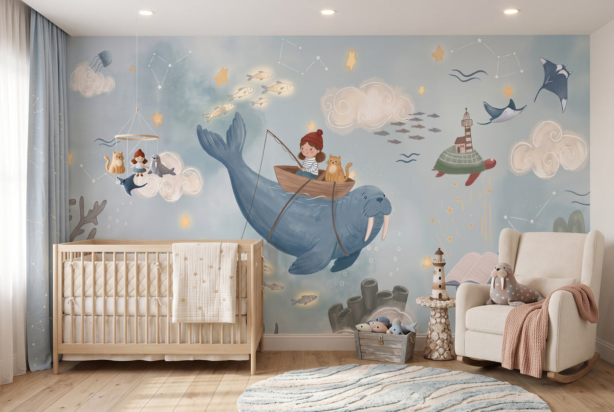 Blue Sea Adventure & Walrus wallpaper in a styled room, view 1