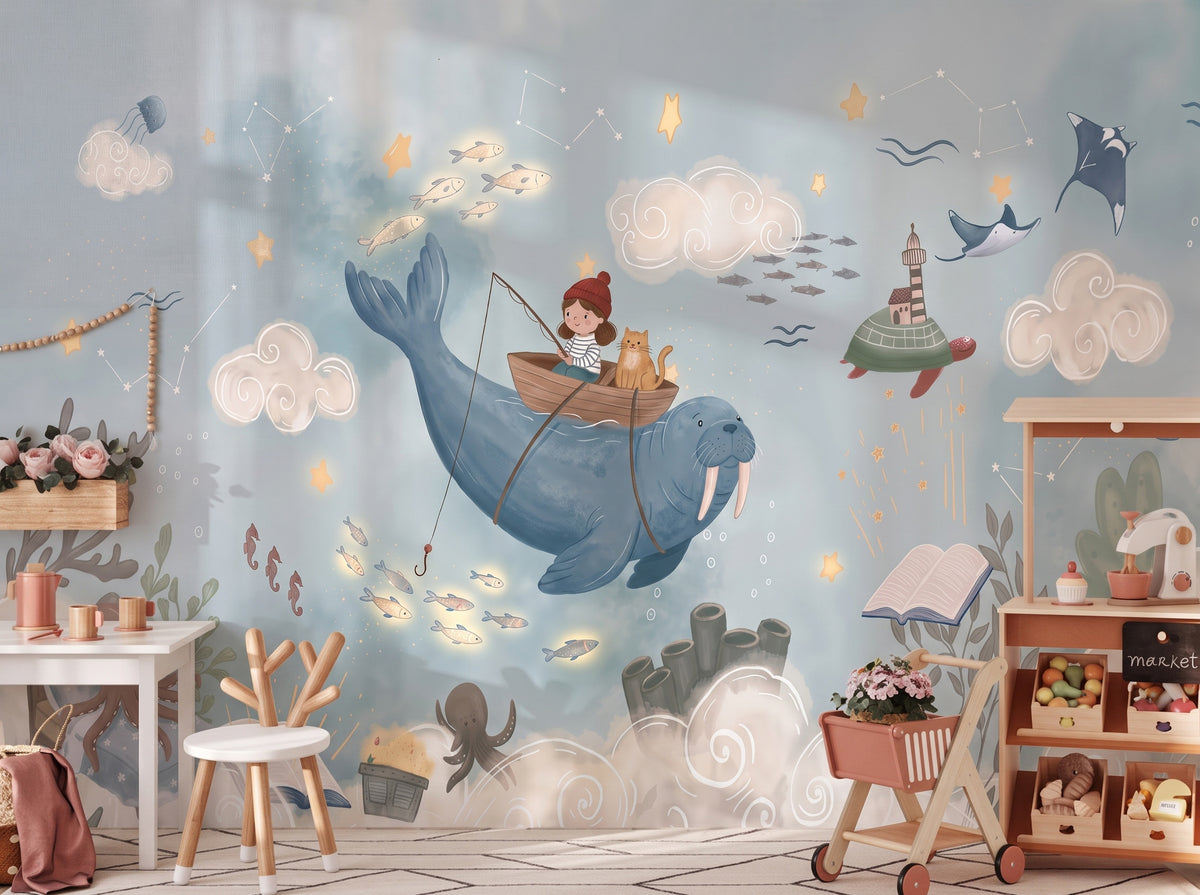 Blue Sea Adventure & Walrus wallpaper in a styled room, view 3