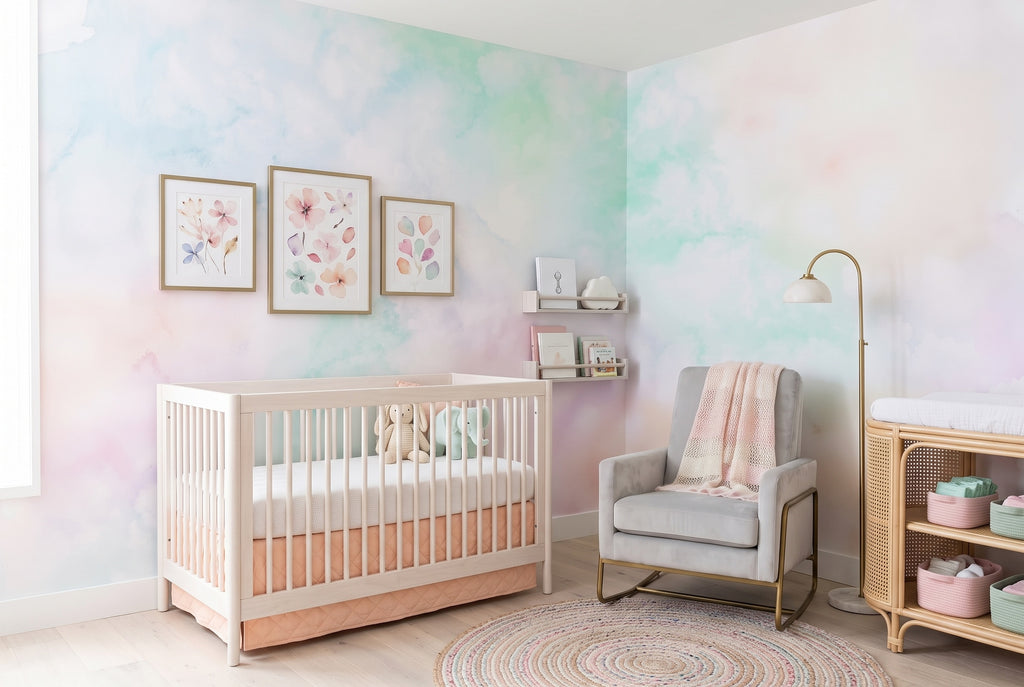 Pastel Abstract Cloudscape wallpaper in a styled room, view 1