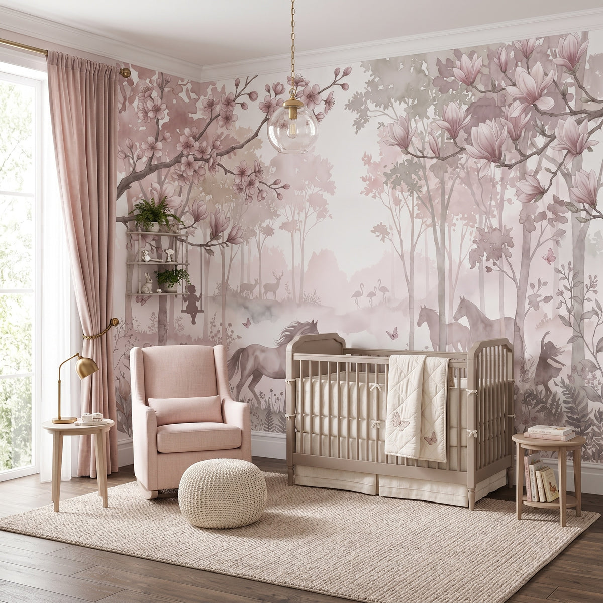Pink Magnolia Forest & Horses wallpaper in a styled room, view 1