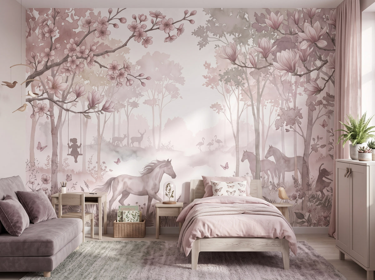 Pink Magnolia Forest & Horses wallpaper in a styled room, view 2
