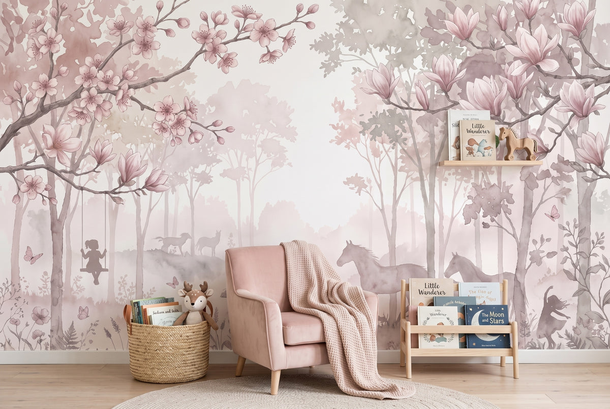 Pink Magnolia Forest & Horses wallpaper in a styled room, view 3