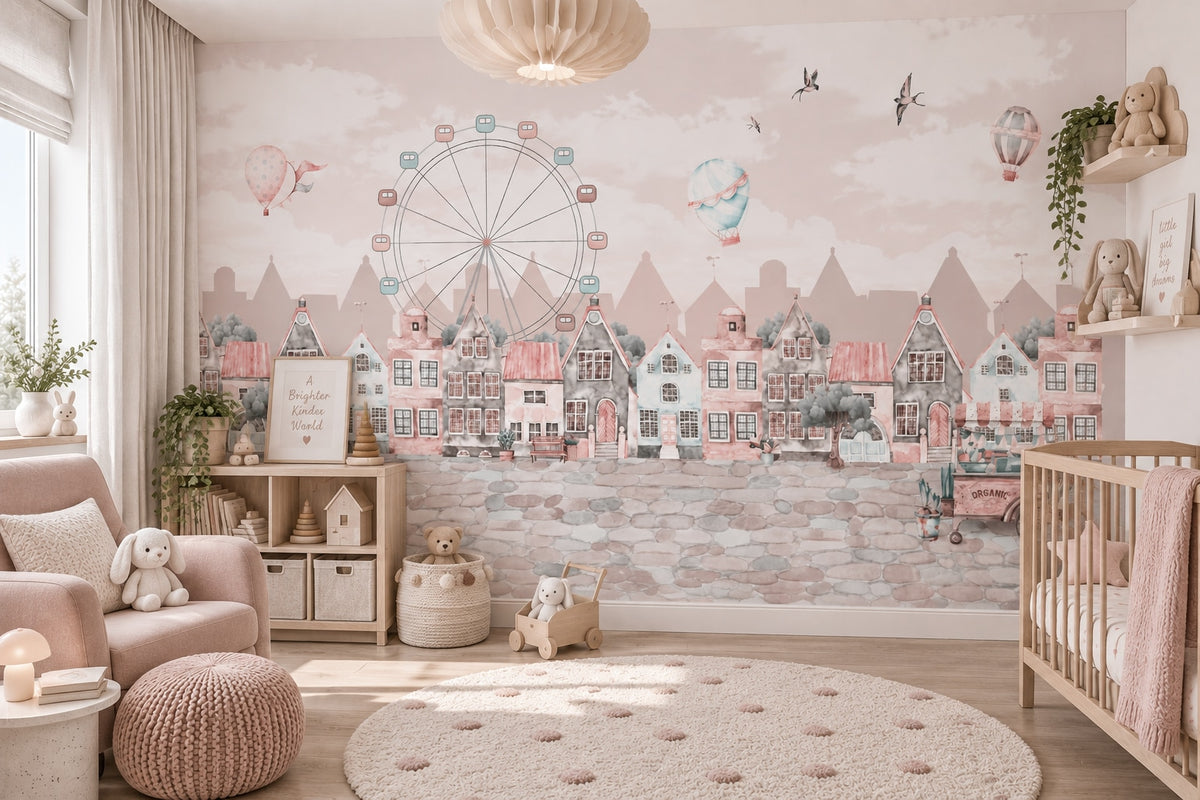 Pastel City, Ferris Wheel & Balloons wallpaper in a styled room, view 1
