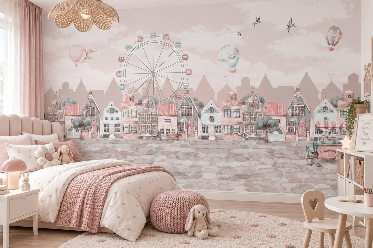 Pastel City, Ferris Wheel & Balloons wallpaper in a styled room, view 2